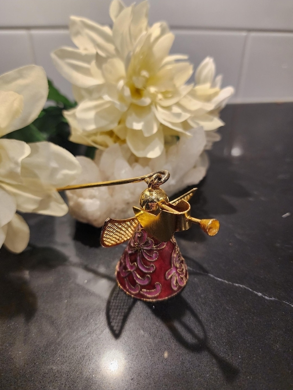 Angel Candle Snuffer with Long Handle: Gold Tone & Burgundy Enamel Trumpet Angel